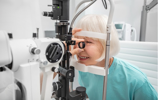 A senior woman getting her regular eye exam at her optometrist