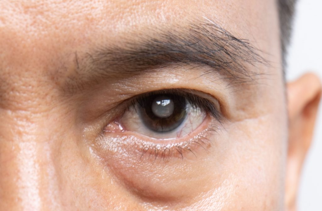 Close up of an older man’s brown eye clouding over with a cataract