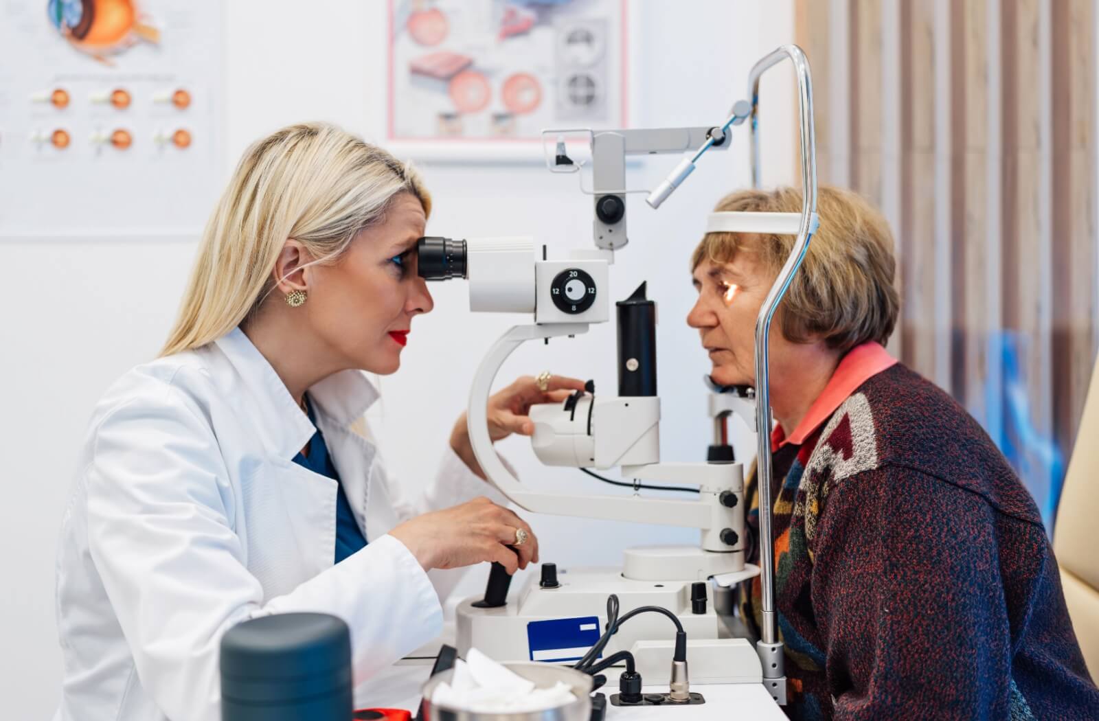 A senior undergoes a comprehensive eye examination to determine whether they have cataracts.
