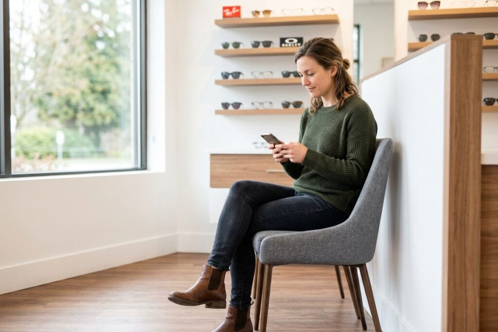 Adult sitting in a chair using a smartphone in an eyewear store waiting area, shelves of glasses frames visible behind them.