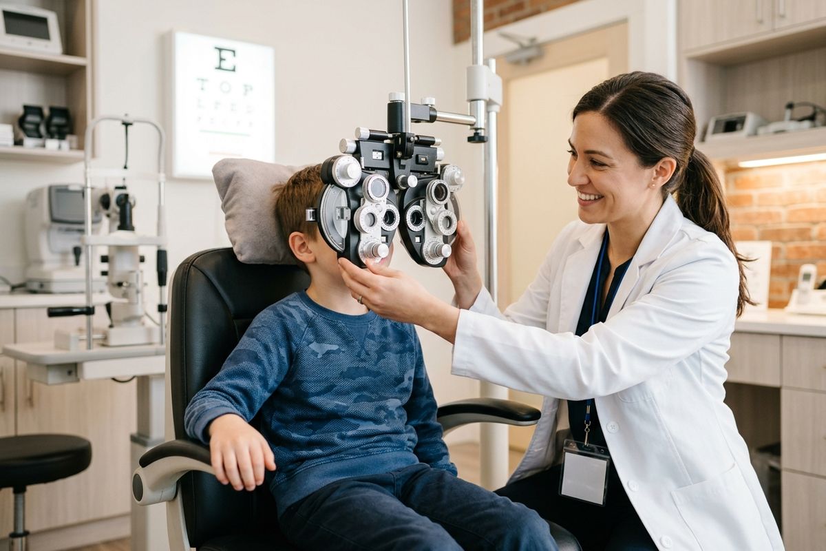 Smiling optometrist positions a phoropter over a child's eyes during an eye exam in a clinic.