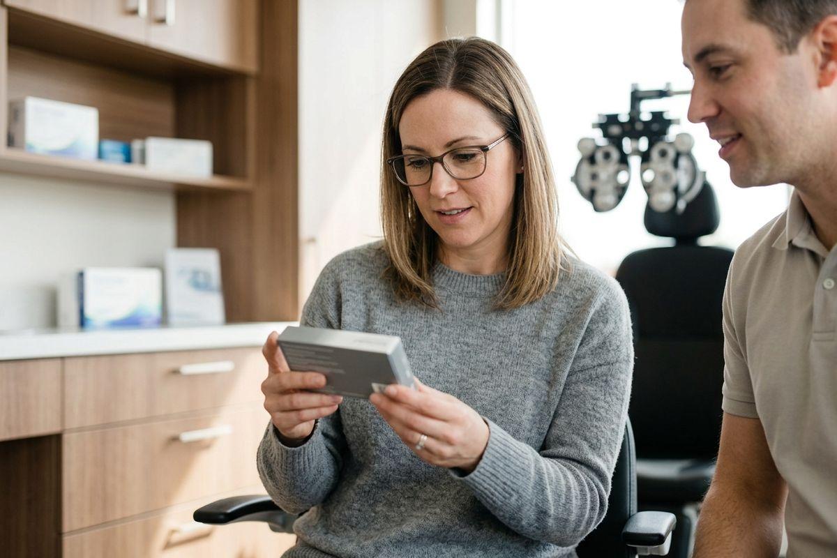 Adult holding and reading a box in an eye exam room with a phoropter, while another person looks on beside them.