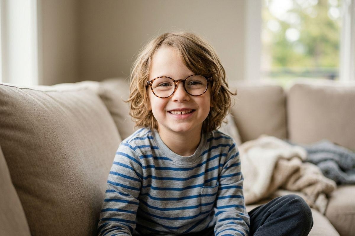 A young, smiling boy with wavy light brown hair sits on a beige living room couch wearing round, tortoiseshell-patterned prescription glasses and a blue and grey striped long-sleeve shirt.