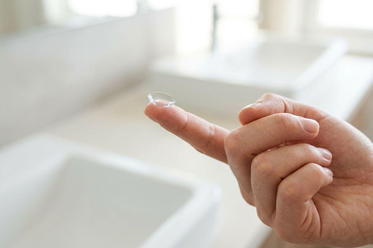 Hand holding a contact lens balanced on the tip of an index finger near a white sink.