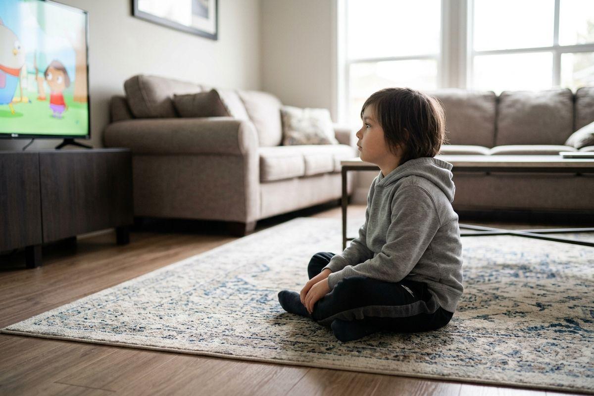 Child sitting cross-legged on a rug in a living room, watching cartoons on a television.