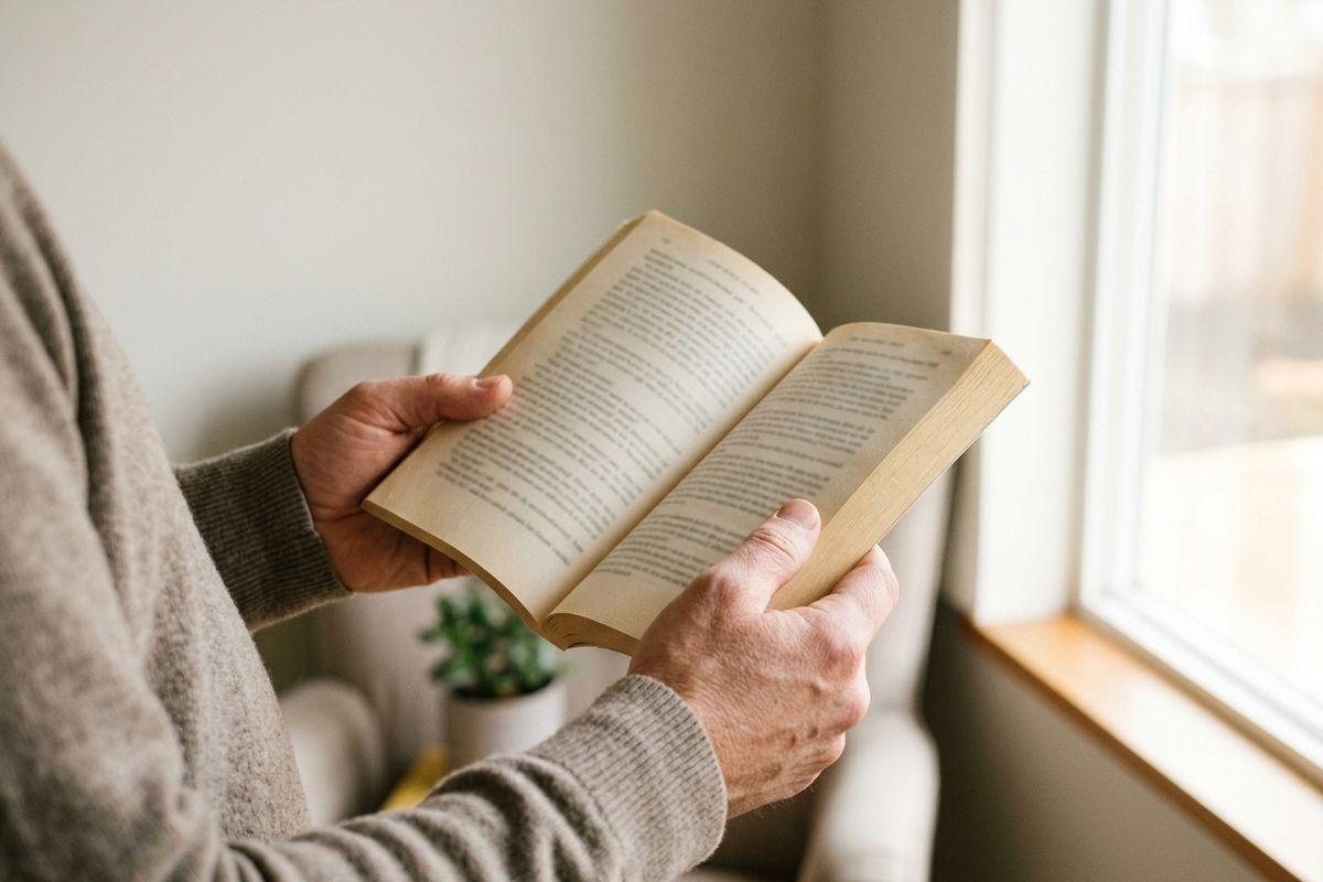 Person in a gray sweater holding open a paperback book near a window indoors.