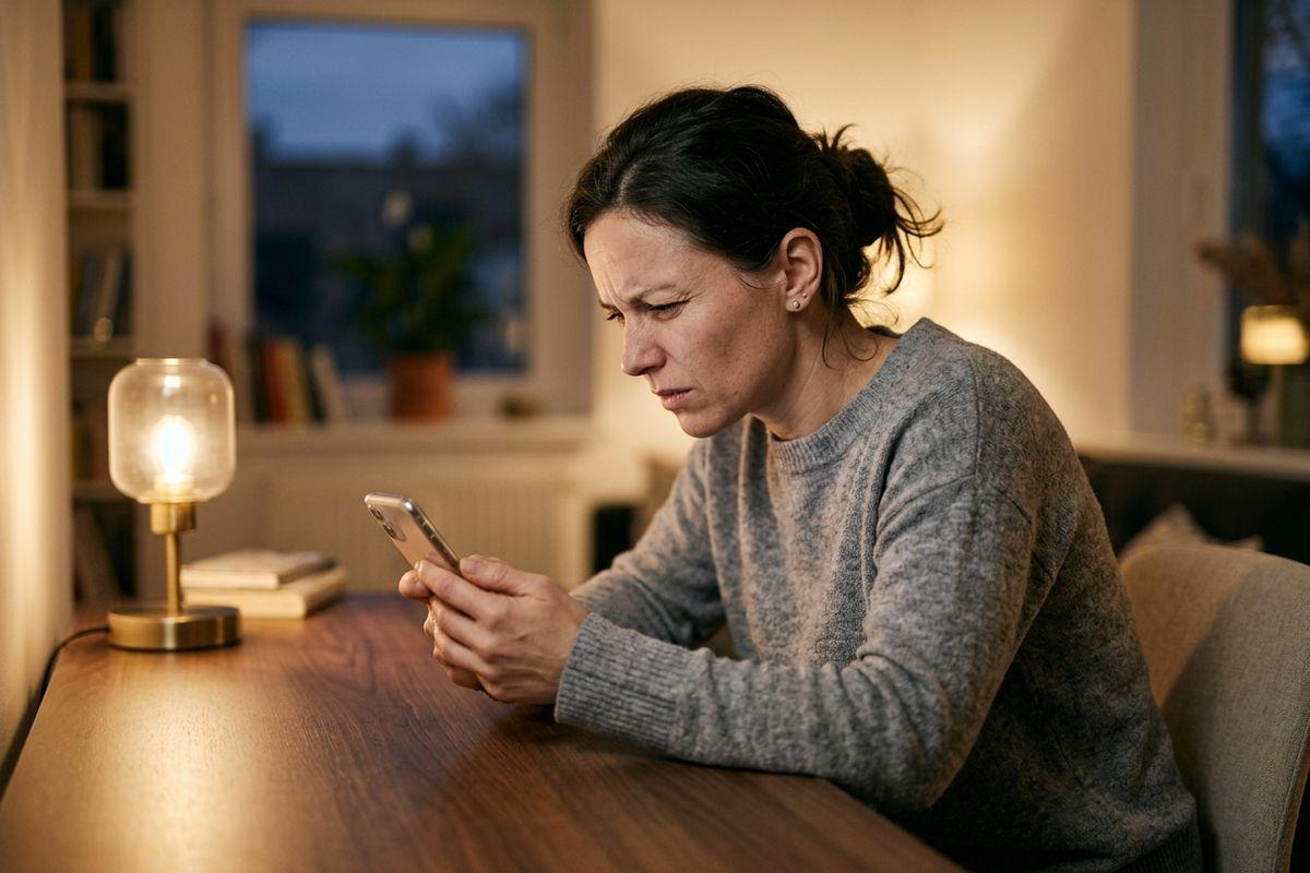 Person in gray sweater looking at a smartphone with a concerned expression at a table by a lit lamp.