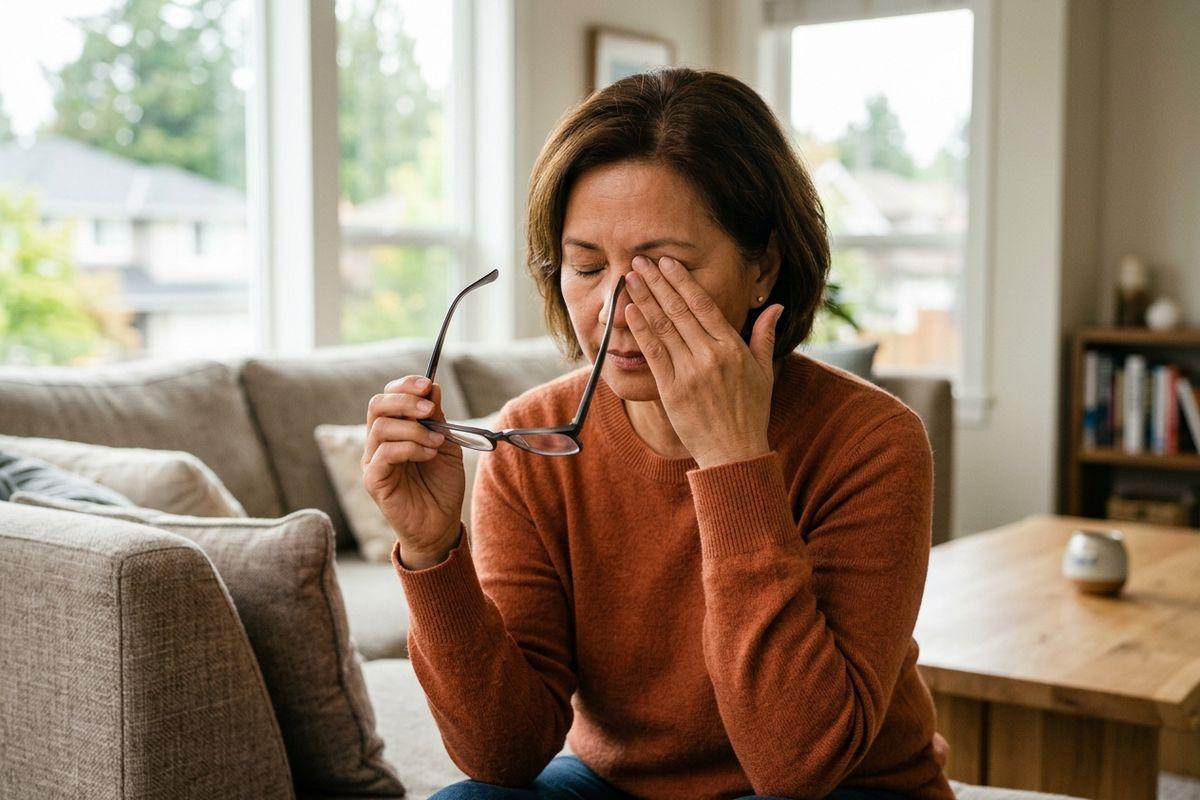 Person on a couch holding glasses and rubbing closed eyes with one hand, looking tired.