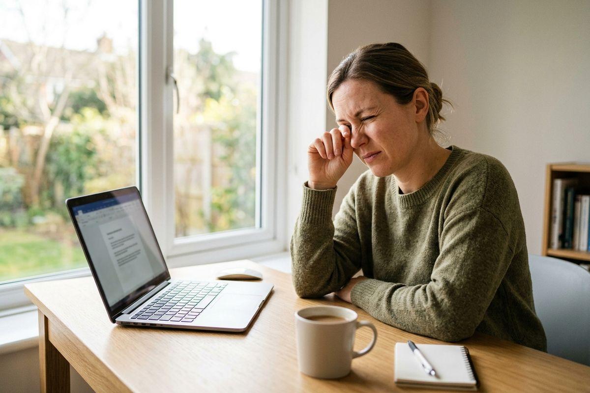 Adult grimaces while rubbing one eye at a wooden desk with an open laptop, coffee mug, and notebook beside a bright window.