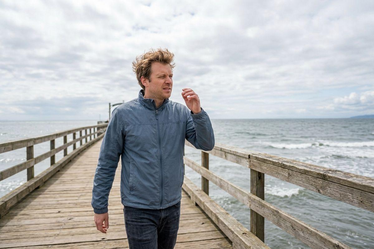 Adult with windblown hair squinting and raising a hand near their face while walking on a wooden pier by the ocean under a cloudy sky