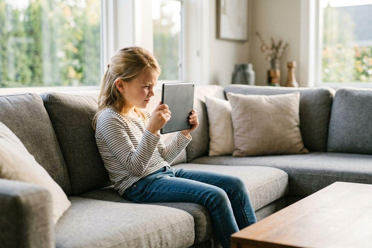 Child sitting on a gray sectional sofa in a bright living room, squinting while holding a tablet close to their face.