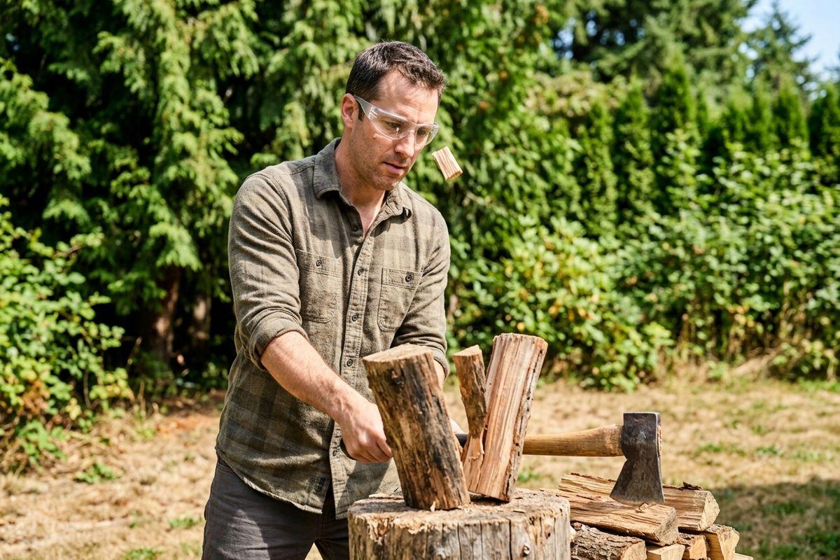 Focused adult in safety glasses splits firewood with a hatchet on a stump, a wood chip flying, with stacked logs and evergreen trees behind