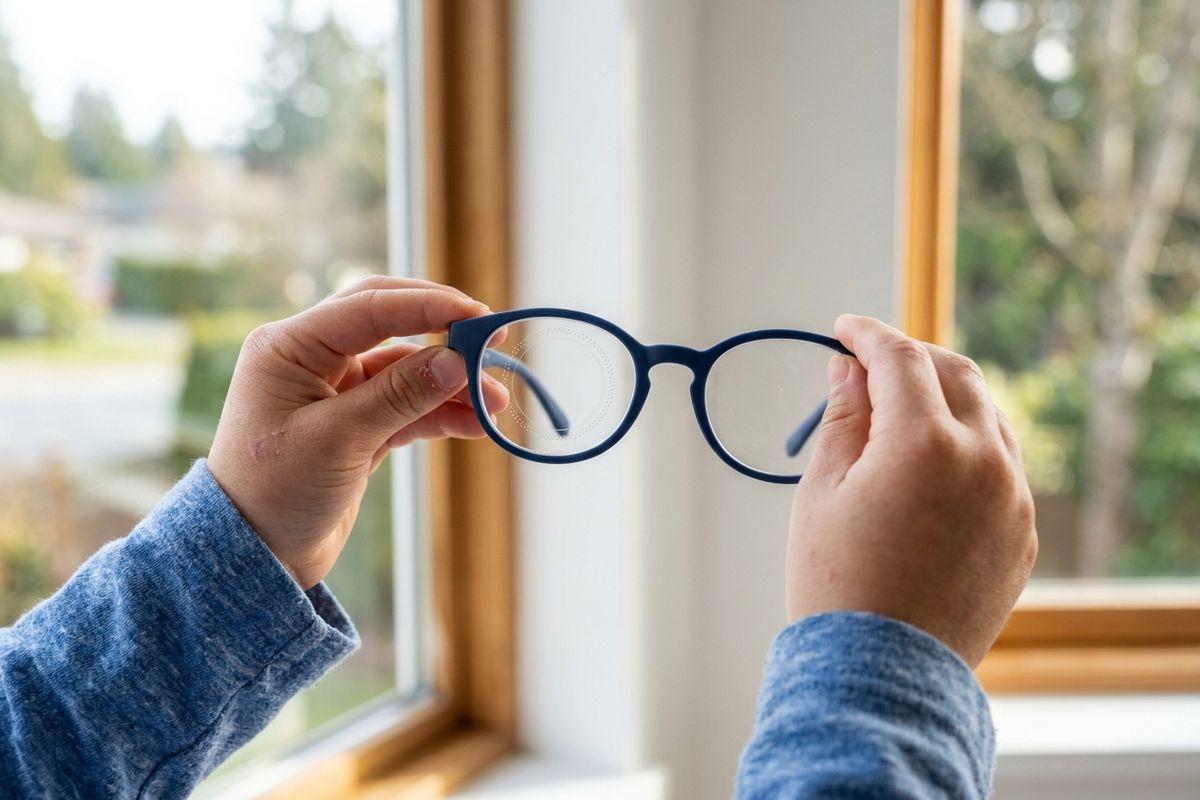 Hands holding up navy blue eyeglasses to inspect the lenses in front of a window with blurred trees and a street outside.