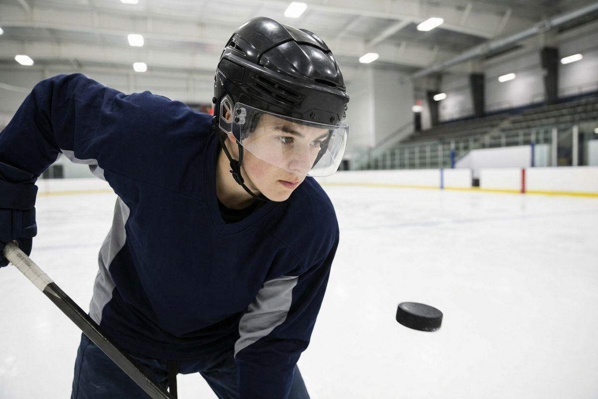 Hockey player in helmet and navy jersey leans forward with stick, focused on a puck in midair over an indoor ice rink.