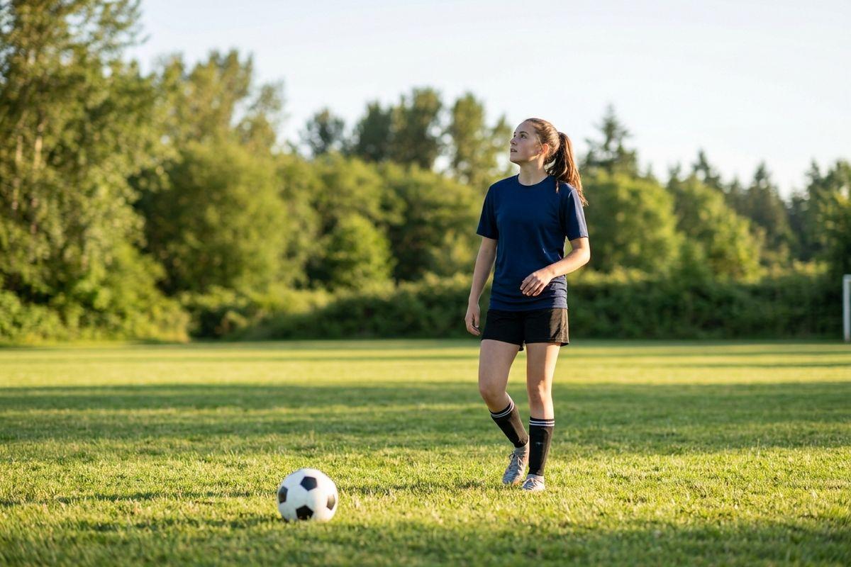 Young soccer player in a navy shirt stands on a grassy field looking into the distance, a soccer ball nearby and trees behind.